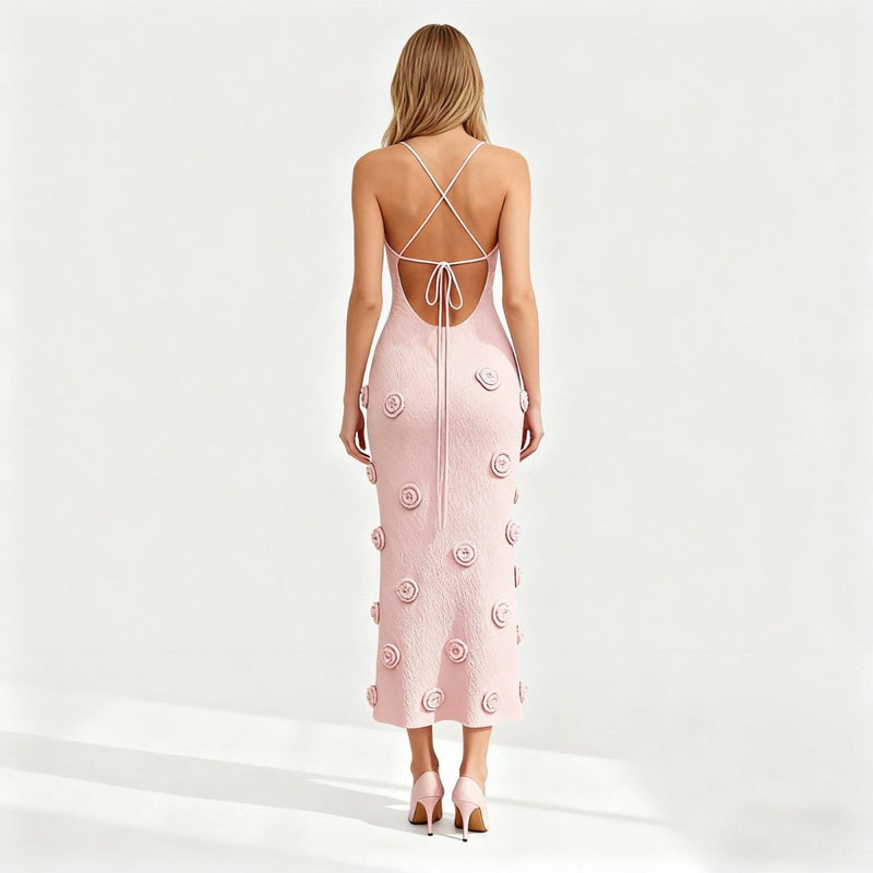 Women’s Knit Midi Dress with 3D Rosettes and Adjustable Back