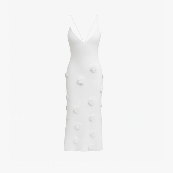Women’s Knit Midi Dress with 3D Rosettes and Adjustable Back