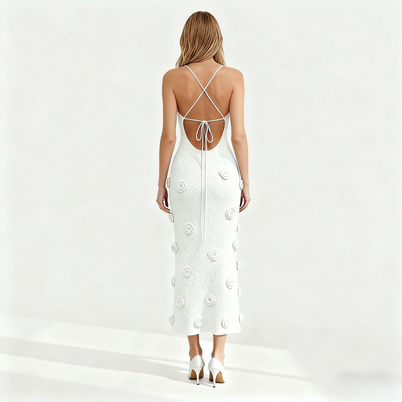 Women’s Knit Midi Dress with 3D Rosettes and Adjustable Back