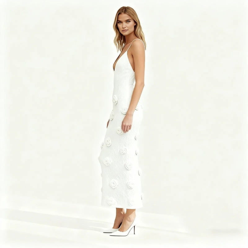 Women’s Knit Midi Dress with 3D Rosettes and Adjustable Back