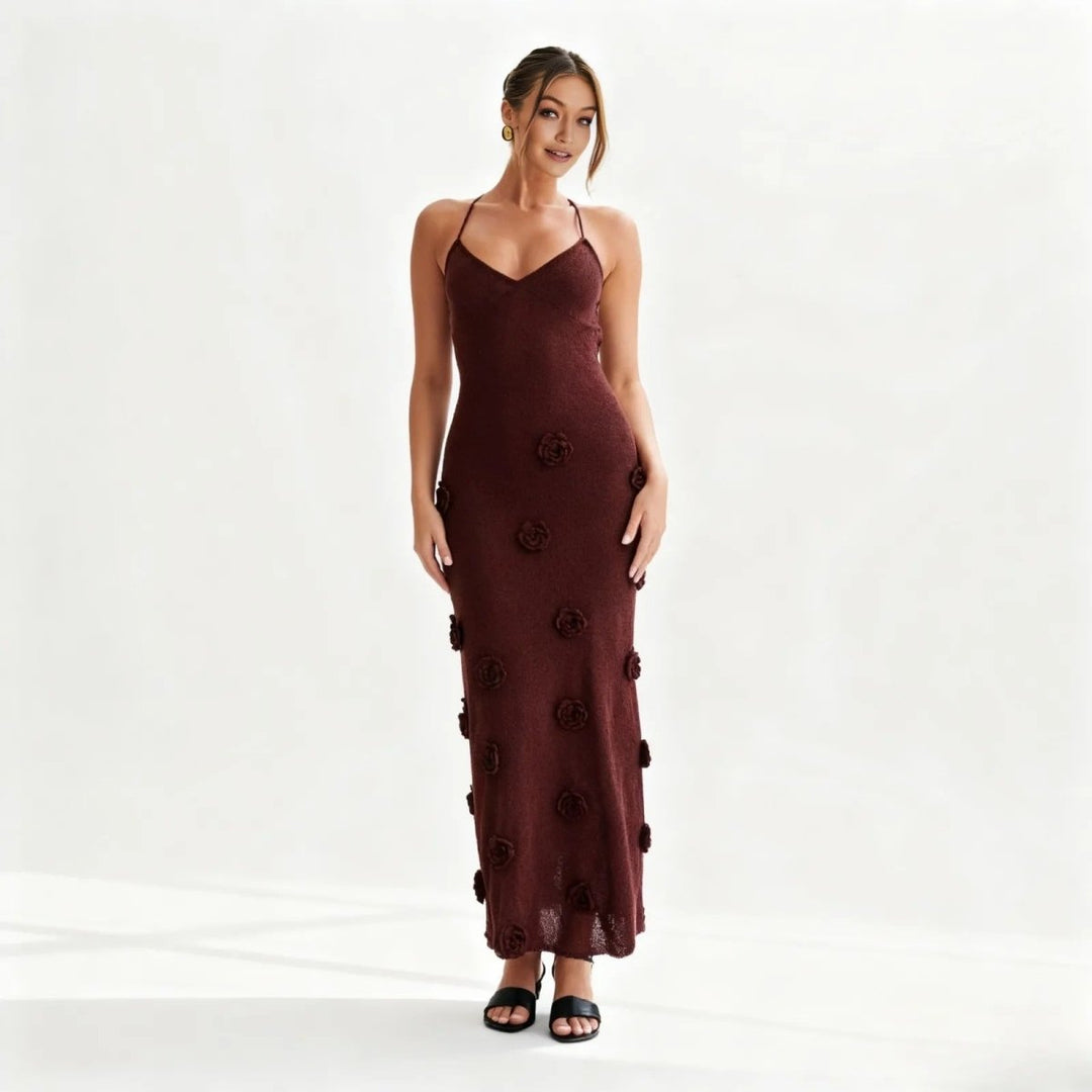 Women’s Knit Midi Dress with 3D Rosettes and Adjustable Back