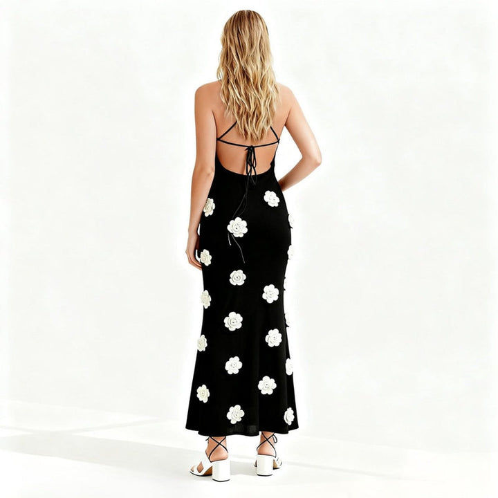 Women’s Knit Midi Dress with 3D Rosettes and Adjustable Back