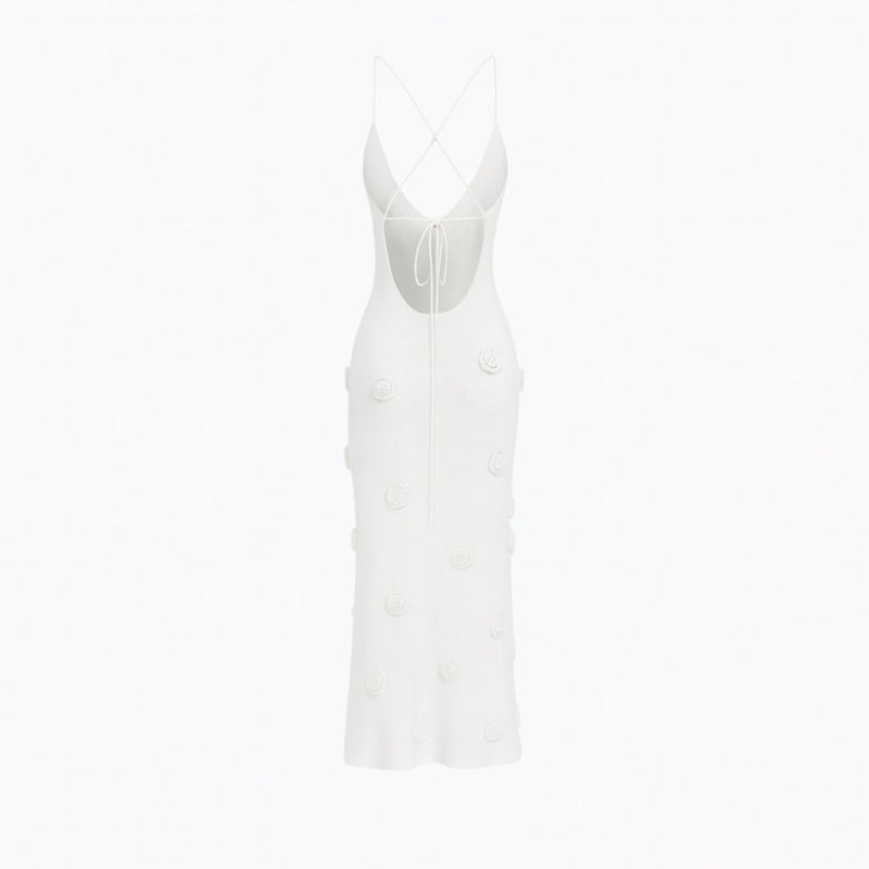 Women’s Knit Midi Dress with 3D Rosettes and Adjustable Back