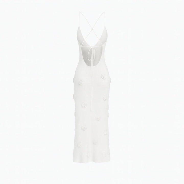 Women’s Knit Midi Dress with 3D Rosettes and Adjustable Back