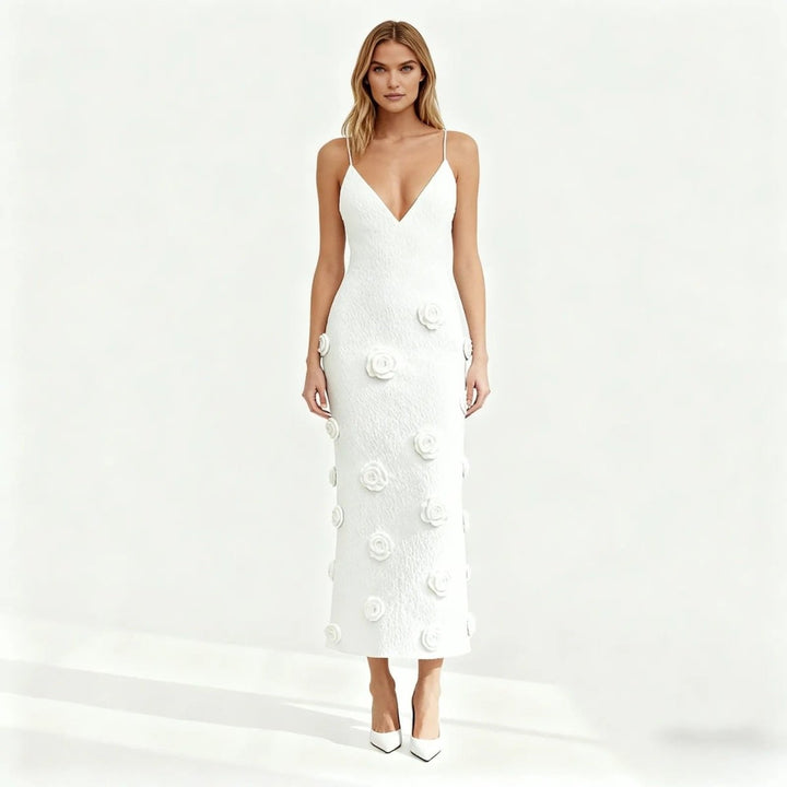 Women’s Knit Midi Dress with 3D Rosettes and Adjustable Back