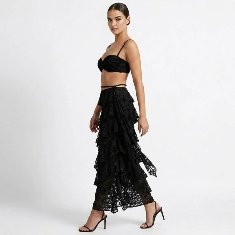 Women’s Lace Skirt Set with Tiered Ruffles and Structured Bustier