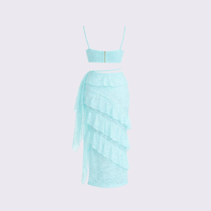 Women’s Lace Skirt Set with Tiered Ruffles and Structured Bustier