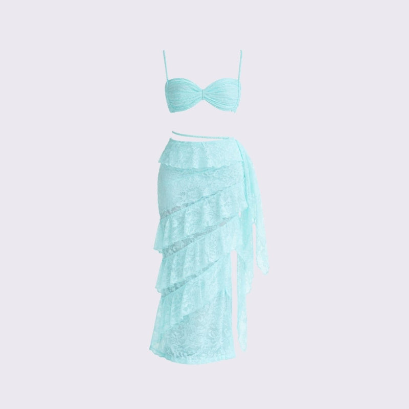 Women’s Lace Skirt Set with Tiered Ruffles and Structured Bustier