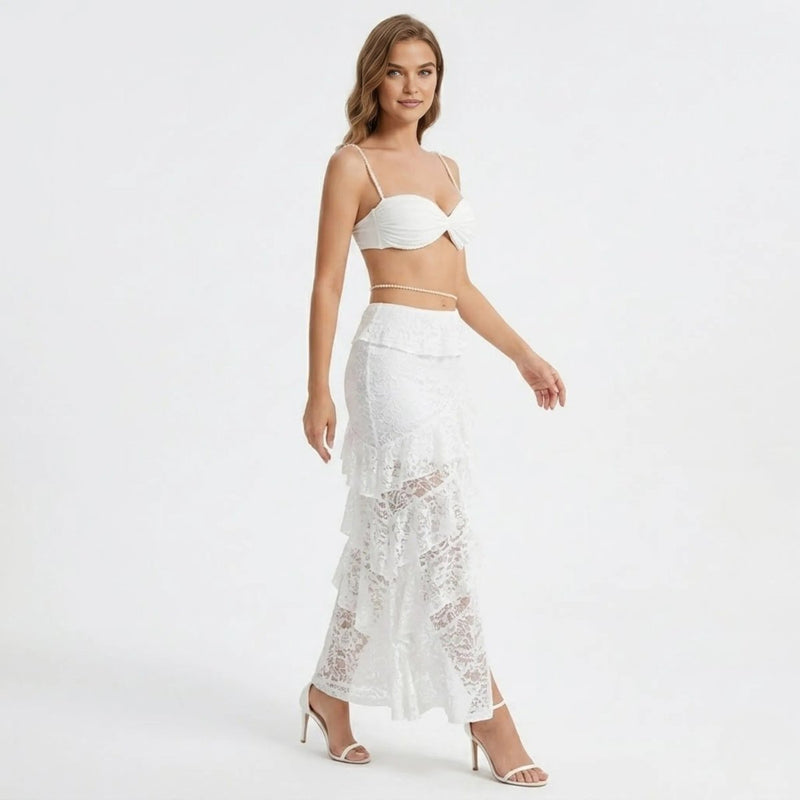 Women’s Lace Skirt Set with Tiered Ruffles and Structured Bustier