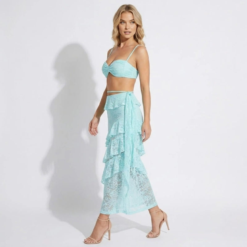 Women’s Lace Skirt Set with Tiered Ruffles and Structured Bustier
