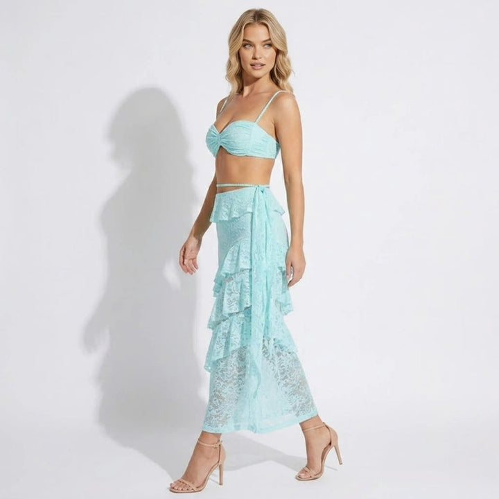 Women’s Lace Skirt Set with Tiered Ruffles and Structured Bustier