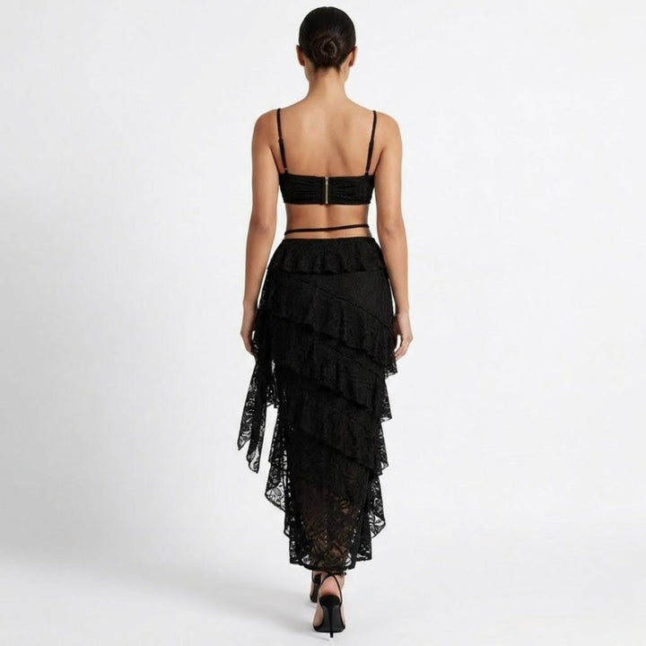 Women’s Lace Skirt Set with Tiered Ruffles and Structured Bustier