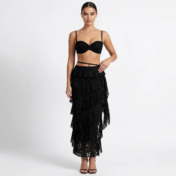 Women’s Lace Skirt Set with Tiered Ruffles and Structured Bustier
