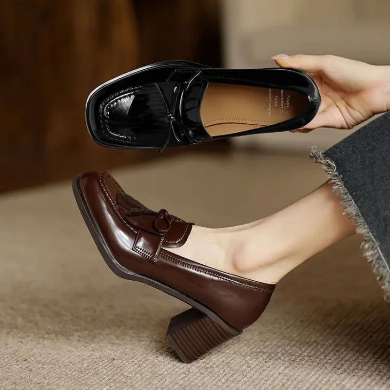 Women’s Loafer Pumps with Tassel Accent and Block Heel