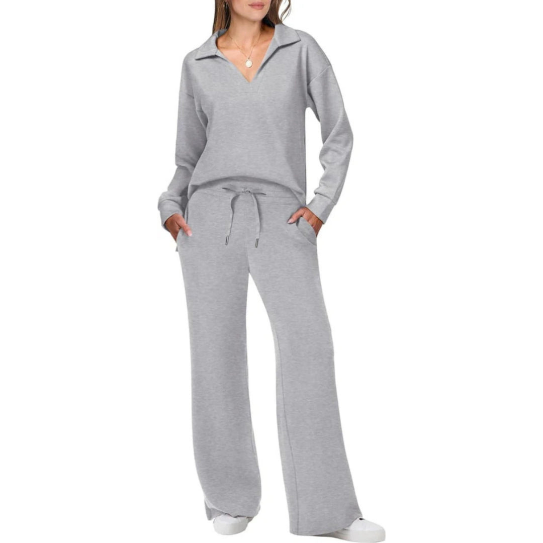 Women’s Loungewear Set with V-Neck Top and Elastic Waist Pants