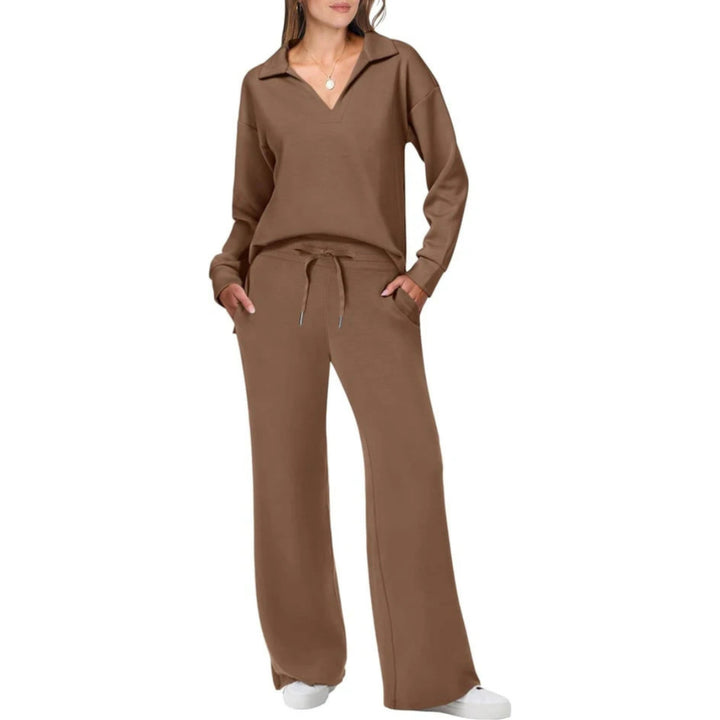Women’s Loungewear Set with V-Neck Top and Elastic Waist Pants