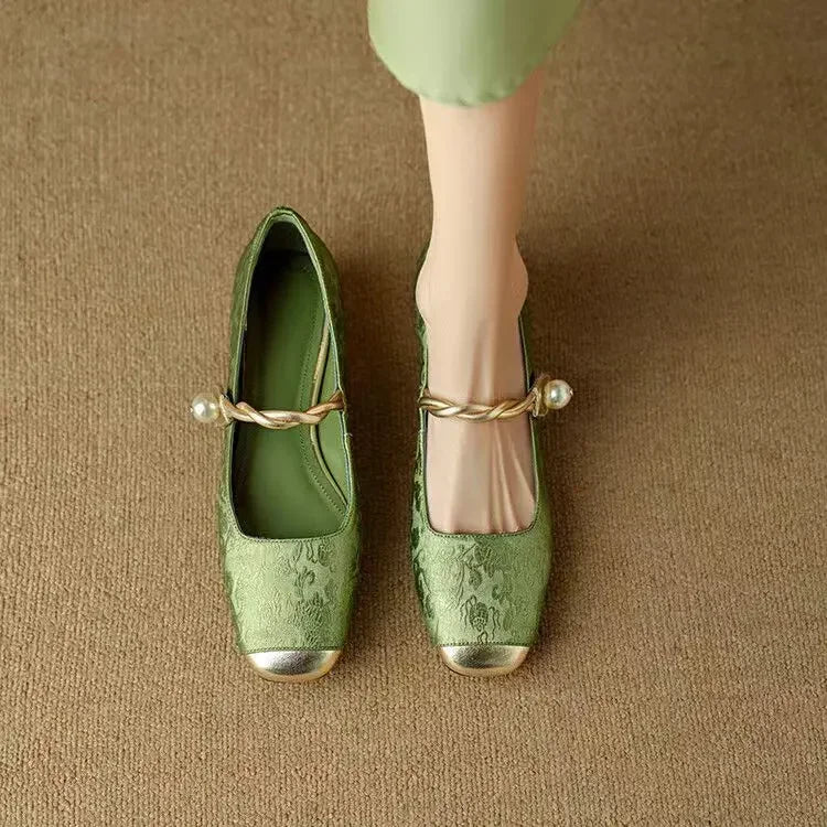 Women’s Mary Jane Shoes with Pearl Strap and Glitter Block Heel