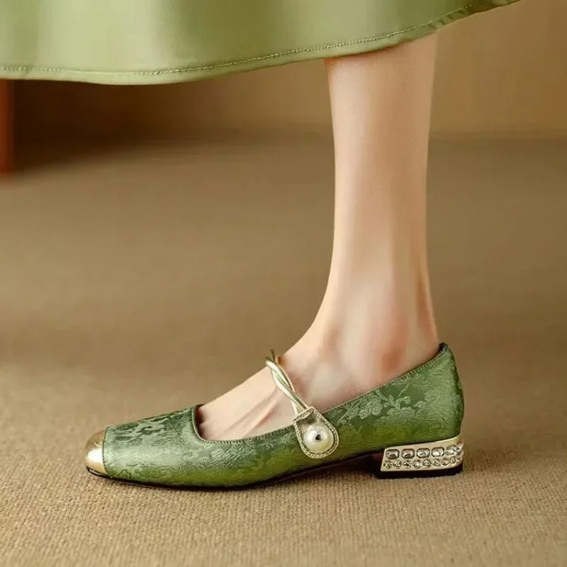 Women’s Mary Jane Shoes with Pearl Strap and Glitter Block Heel