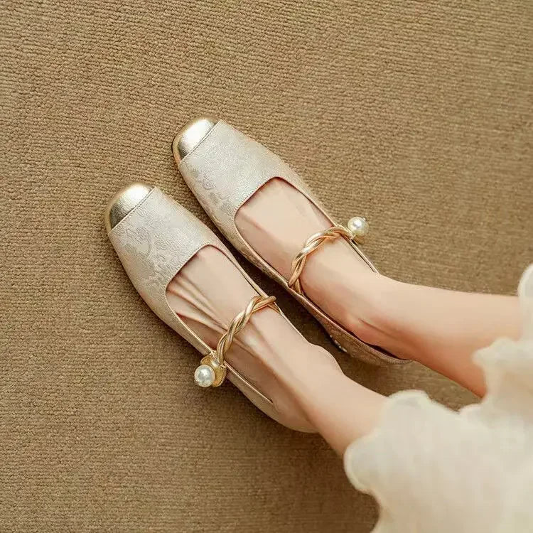 Women’s Mary Jane Shoes with Pearl Strap and Glitter Block Heel