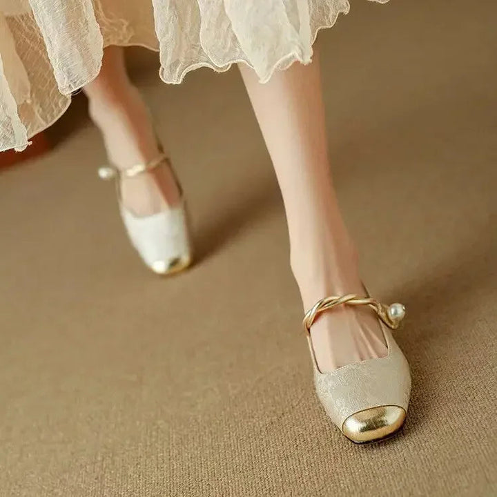 Women’s Mary Jane Shoes with Pearl Strap and Glitter Block Heel