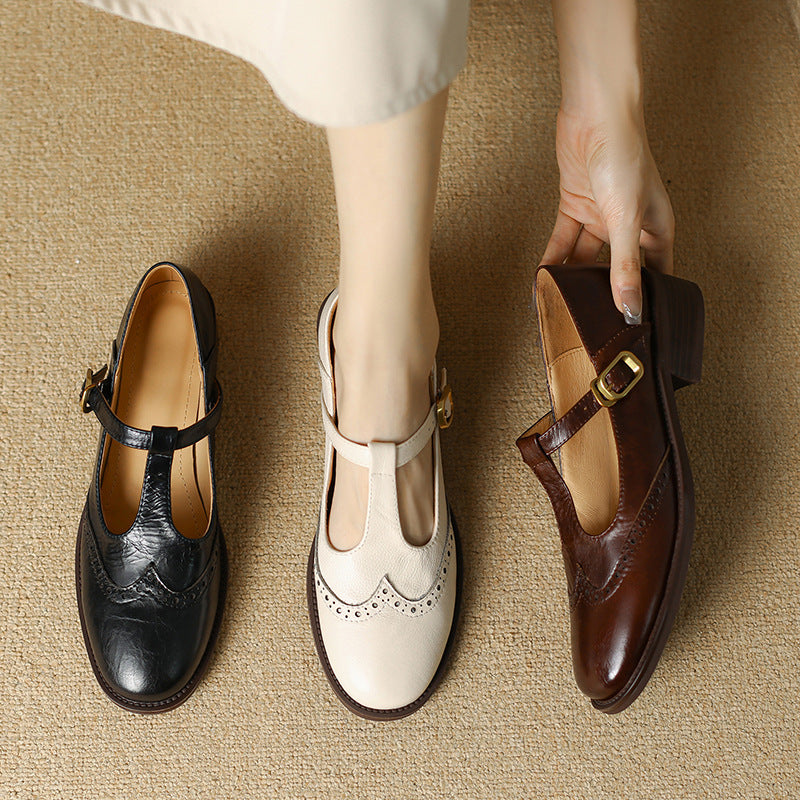 Women’s Mary Jane Shoes with T-Strap and Brogue Detail