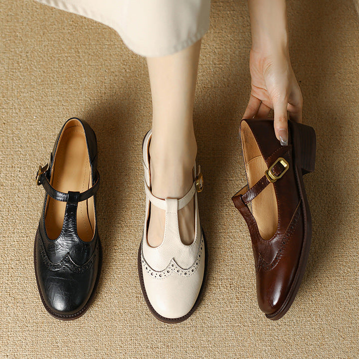 Women’s Mary Jane Shoes with T-Strap and Brogue Detail