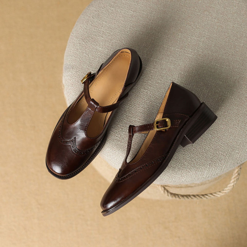 Women’s Mary Jane Shoes with T-Strap and Brogue Detail