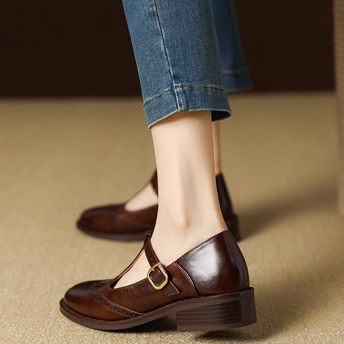 Women’s Mary Jane Shoes with T-Strap and Brogue Detail