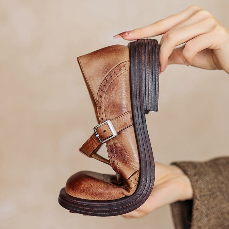 Women’s Mary Jane Shoes with T-Strap and Brogue Detailing
