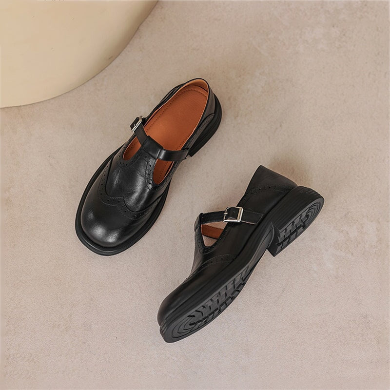 Women’s Mary Jane Shoes with T-Strap and Brogue Detailing