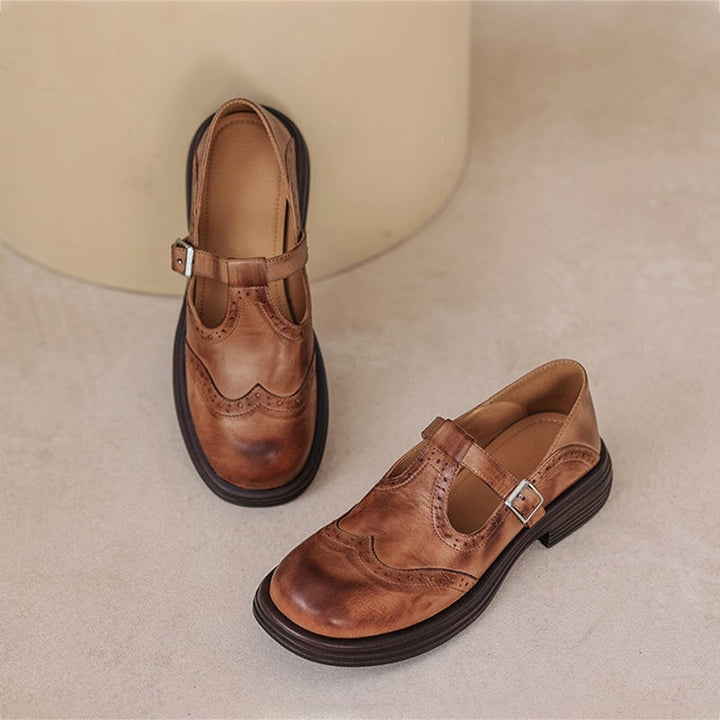 Women’s Mary Jane Shoes with T-Strap and Brogue Detailing