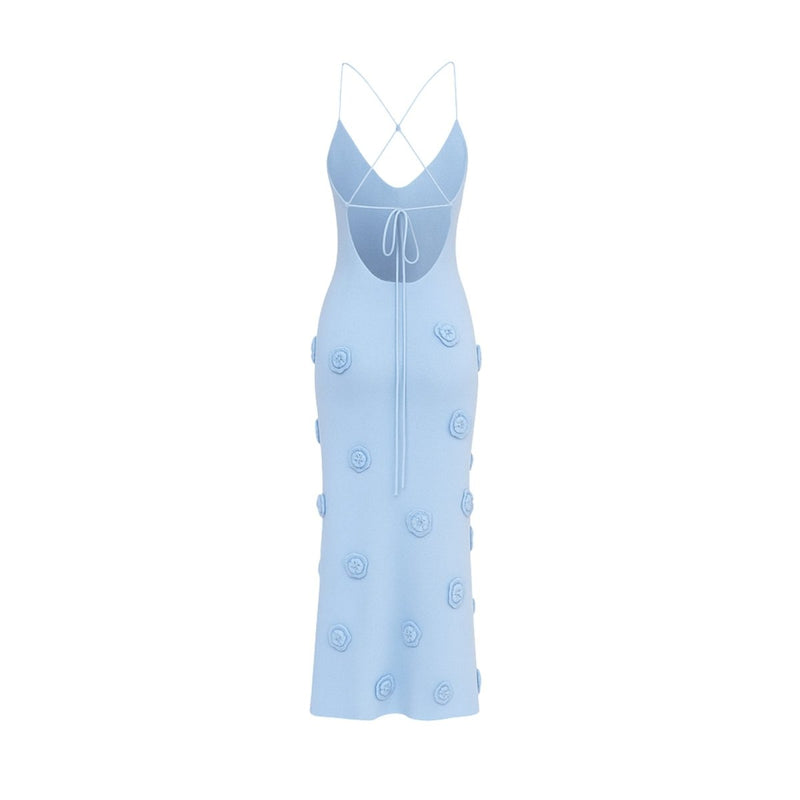 Women’s Maxi Dress with 3D Rosettes and Lace-Up Back