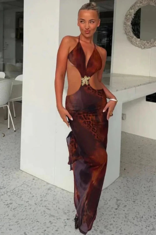 Women’s Maxi Dress with Leopard Print and Halter Neck