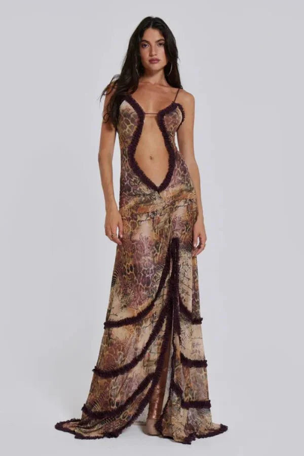 Women’s Maxi Dress with Ruffled Detail and Mesh Design
