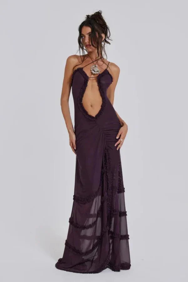 Women’s Maxi Dress with Ruffled Detail and Mesh Design