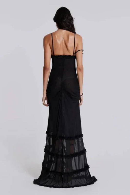 Women’s Maxi Dress with Ruffled Detail and Mesh Design