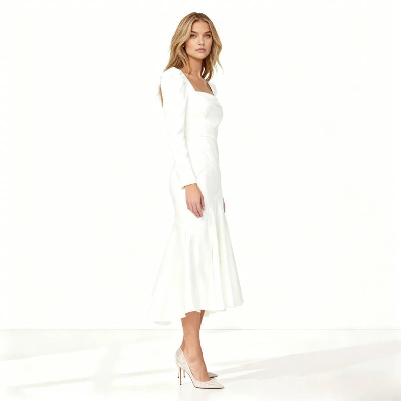 Women’s Midi Dress with Sculptural Neckline and Puff Sleeves