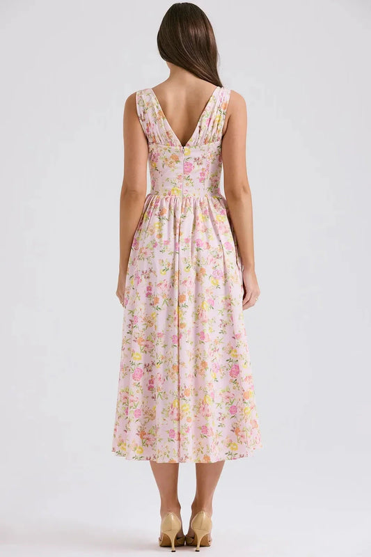 Women’s Midi Sundress with Tropical Print and Adjustable Straps