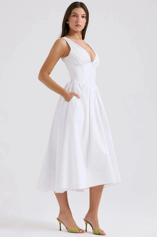 Women’s Midi Sundress with Tropical Print and Adjustable Straps