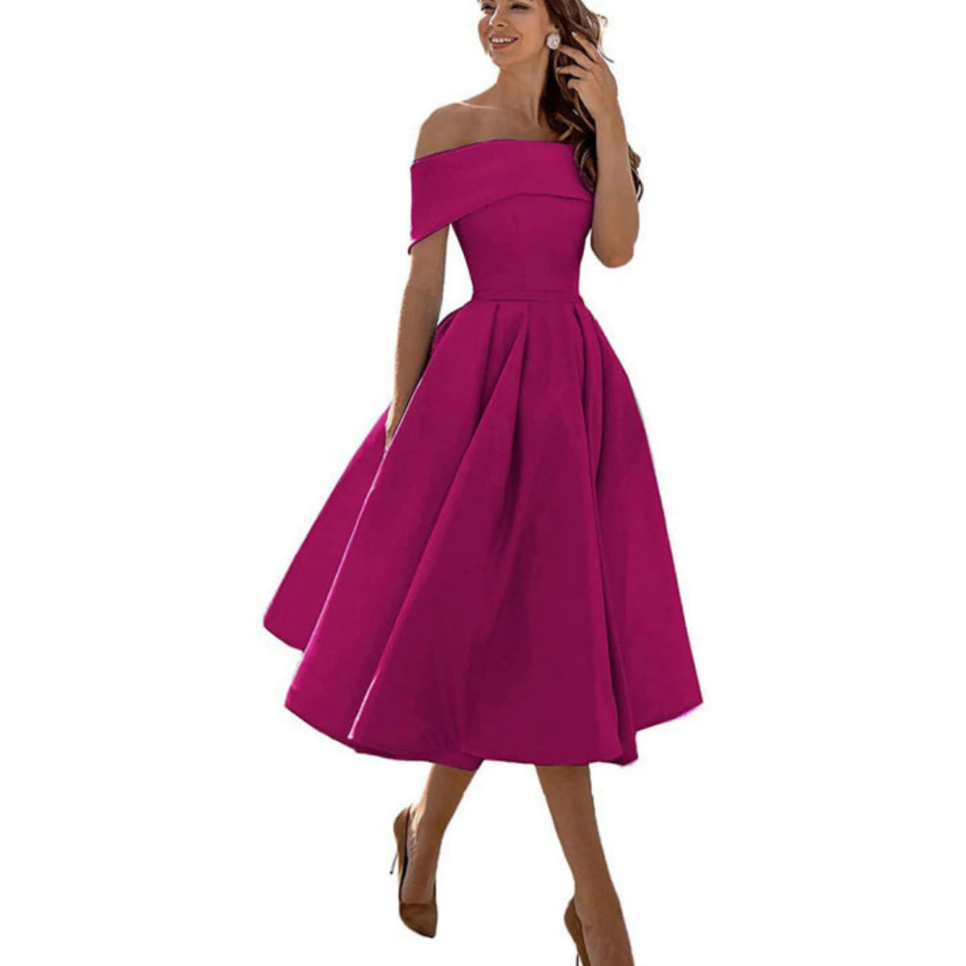 Women’s Midi Dress with Off-the-Shoulder Neckline and Flared Skirt