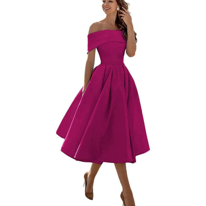 Women’s Midi Dress with Off-the-Shoulder Neckline and Flared Skirt