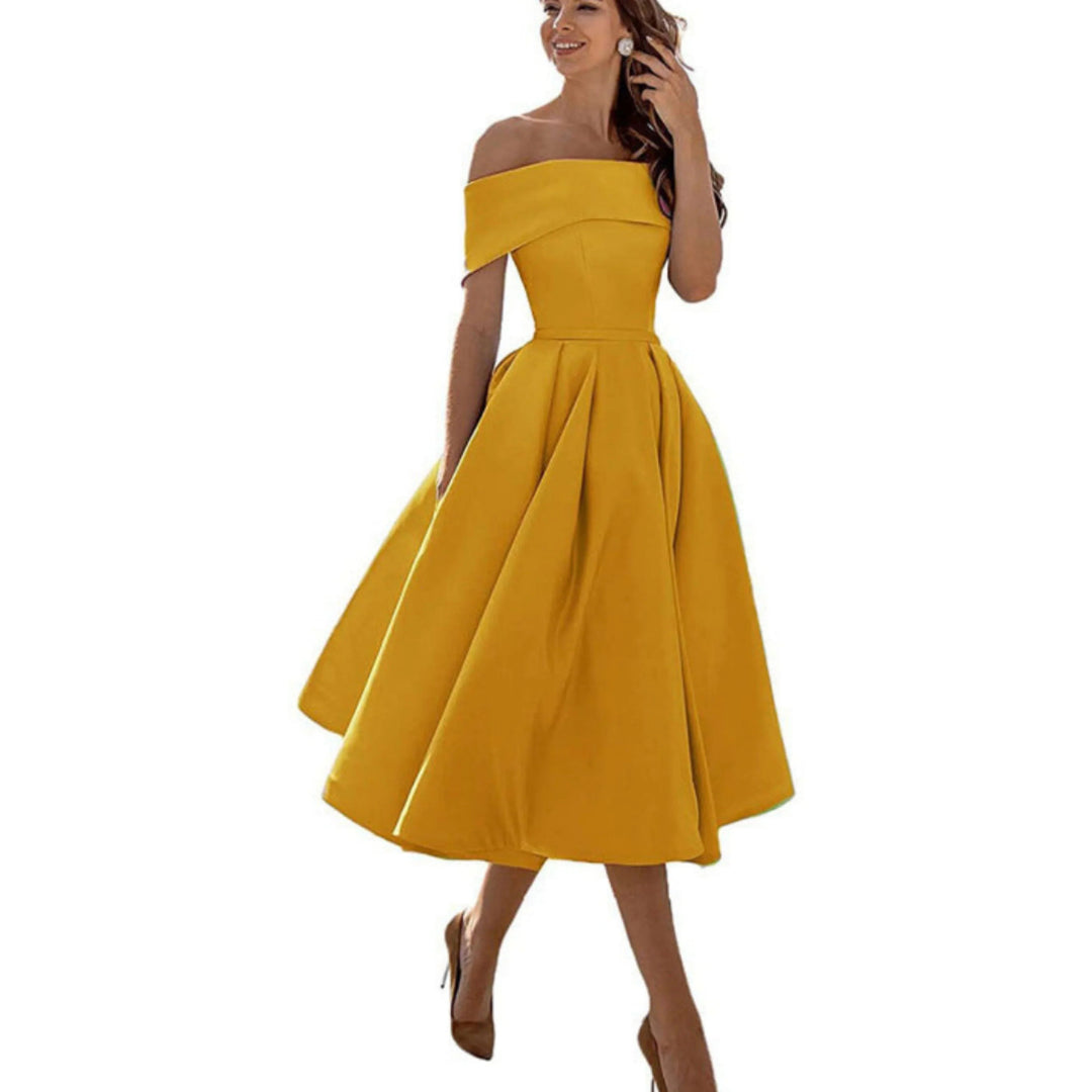 Women’s Midi Dress with Off-the-Shoulder Neckline and Flared Skirt