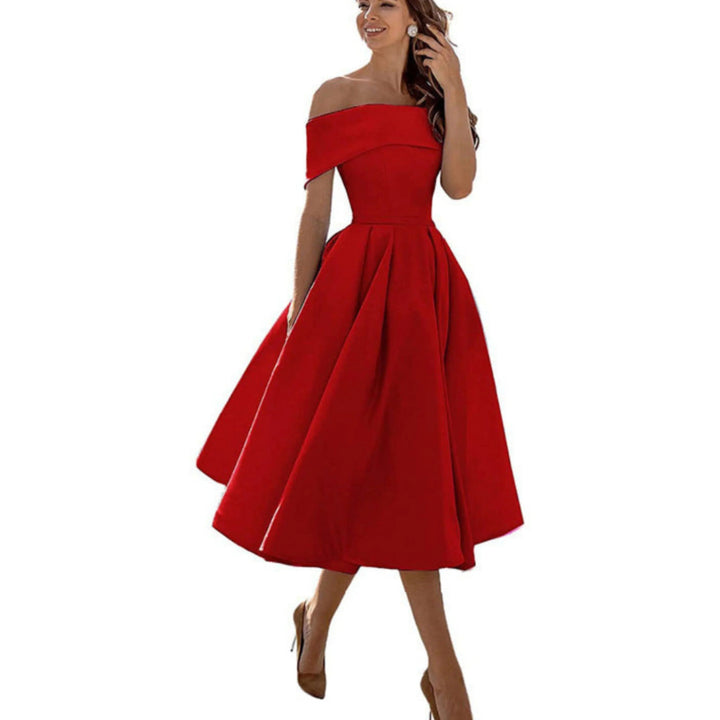 Women’s Midi Dress with Off-the-Shoulder Neckline and Flared Skirt