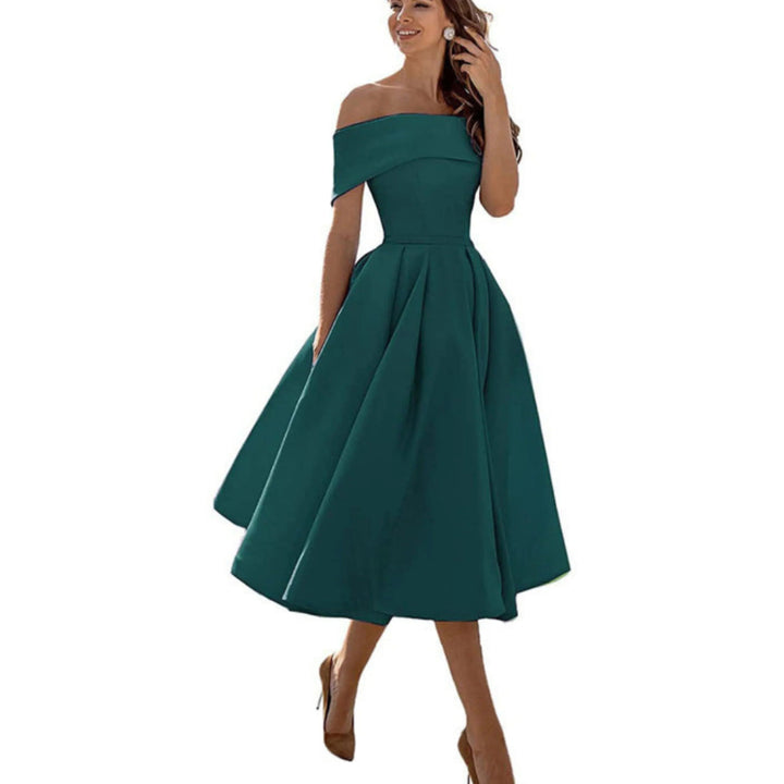 Women’s Midi Dress with Off-the-Shoulder Neckline and Flared Skirt