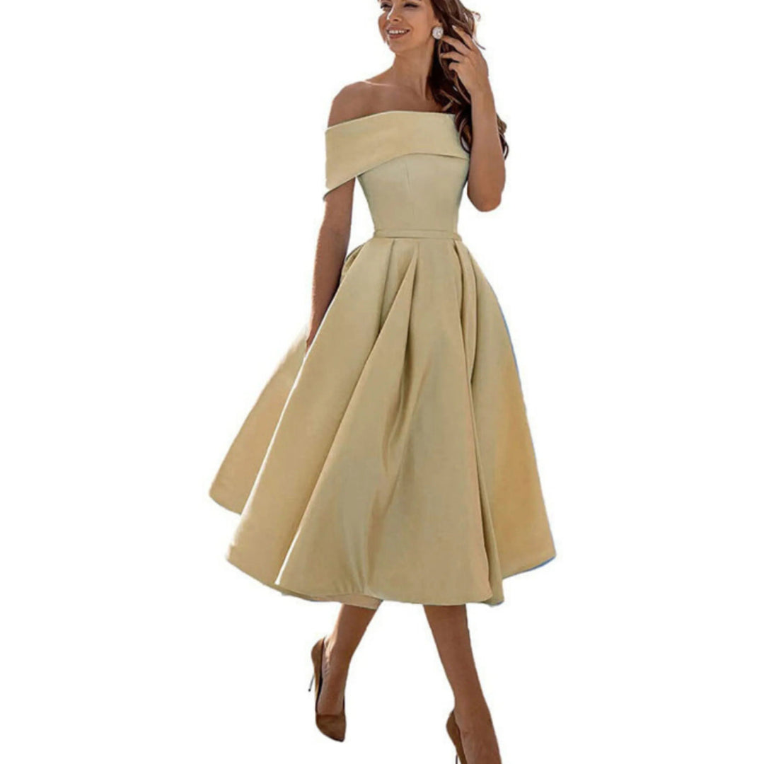 Women’s Midi Dress with Off-the-Shoulder Neckline and Flared Skirt