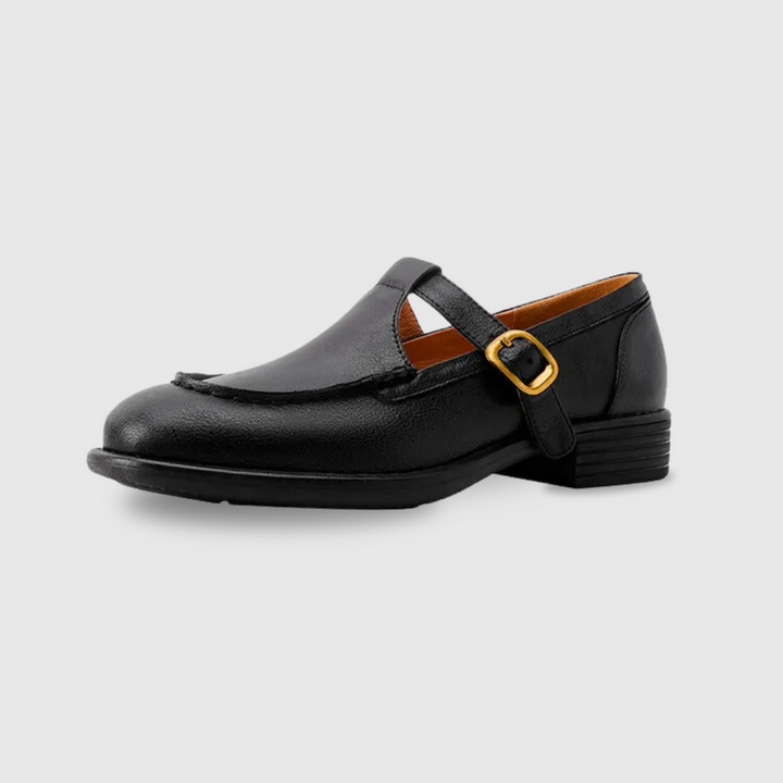 Women’s Retro T-Strap Mary Jane Shoes with Gold Buckle and Low Heel