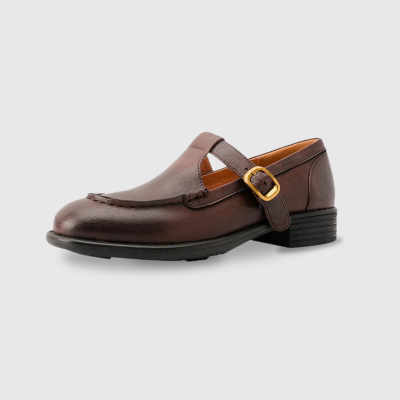 Women’s Retro T-Strap Mary Jane Shoes with Gold Buckle and Low Heel