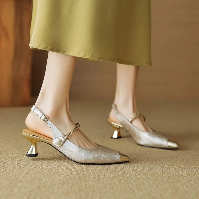 Women’s Slingback Heels with Pointed Toe and Crystal Strap