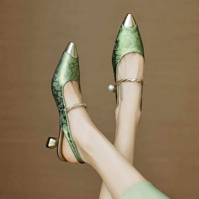 Women’s Slingback Heels with Pointed Toe and Crystal Strap