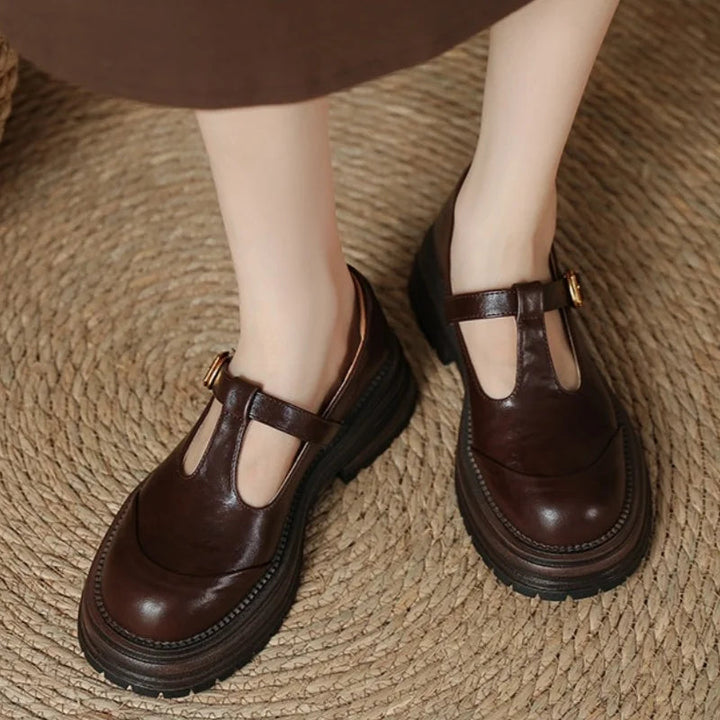 Women’s T-Bar Mary Jane Shoes with Brogue Detailing and Round Toe